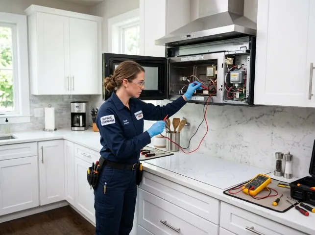 Appliance Repair Hero technician testing an over-the-range microwave in a Bethany, CT kitchen